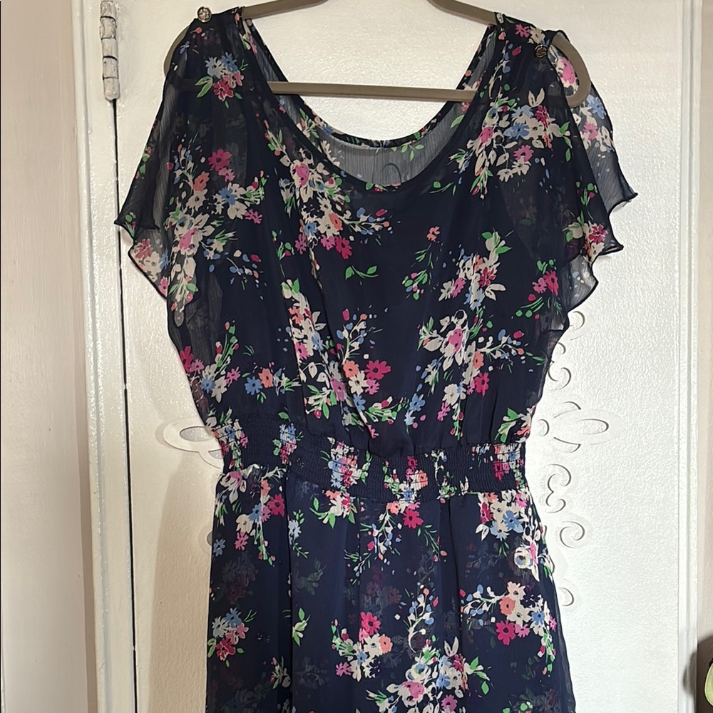 Floral Chiffon Dress - Navy with Pink and Blue Accents
